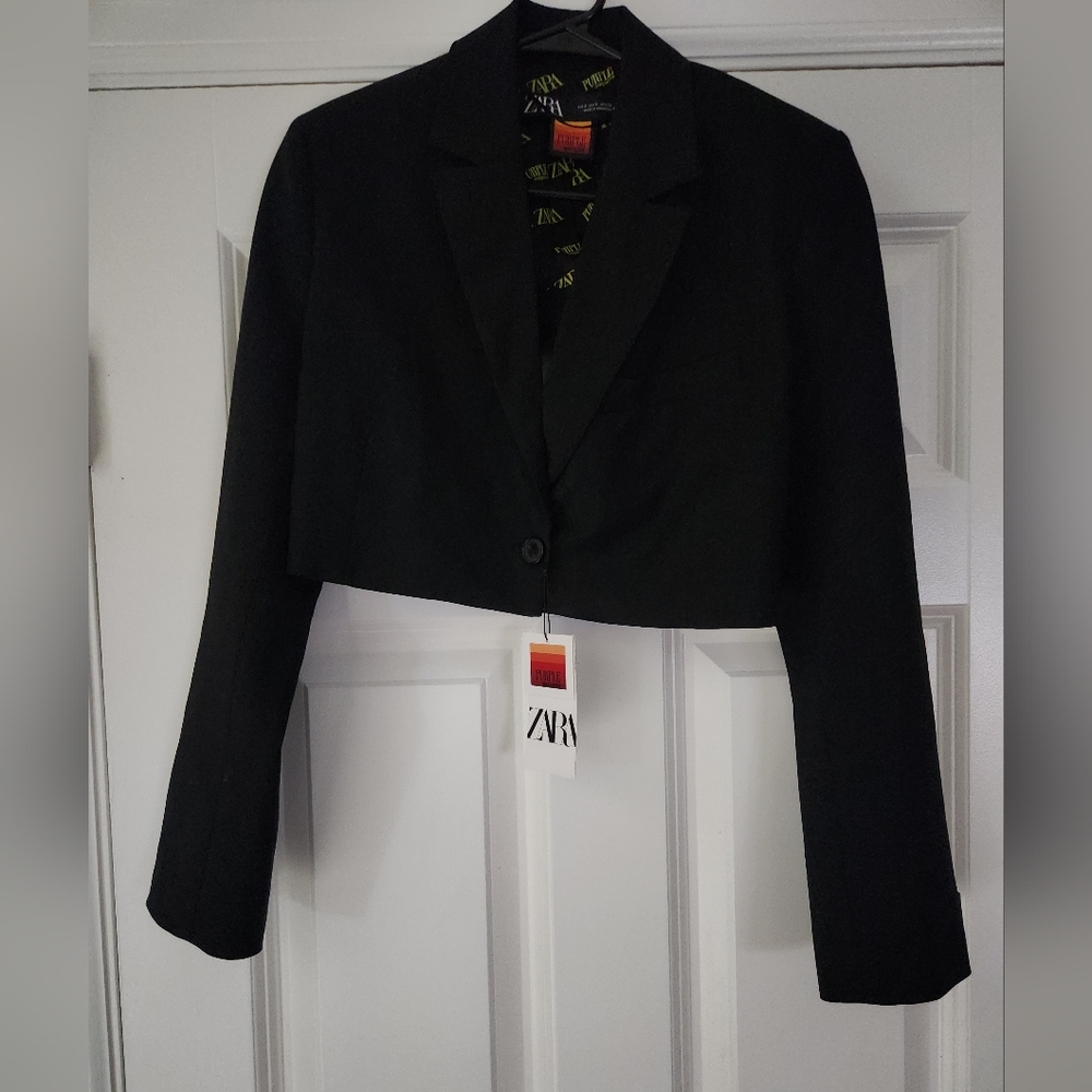 Zara Purple Magazine Women's Black Cropped Blazer W/ Crossed Back Detail Size S